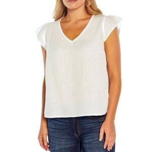 THREE DOTS Women’s GAUZE TOP Blouse Sz Small WHITE V-Neck Flutter Sleeve Coastal